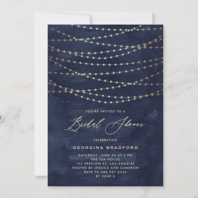 Gold Twinkle String Lights Navy Blue Bridal Shower Invitation (Front)