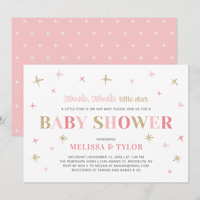 Gold Twinkle Twinkle Little Star Girl Baby Shower Invitation (Front/Back)