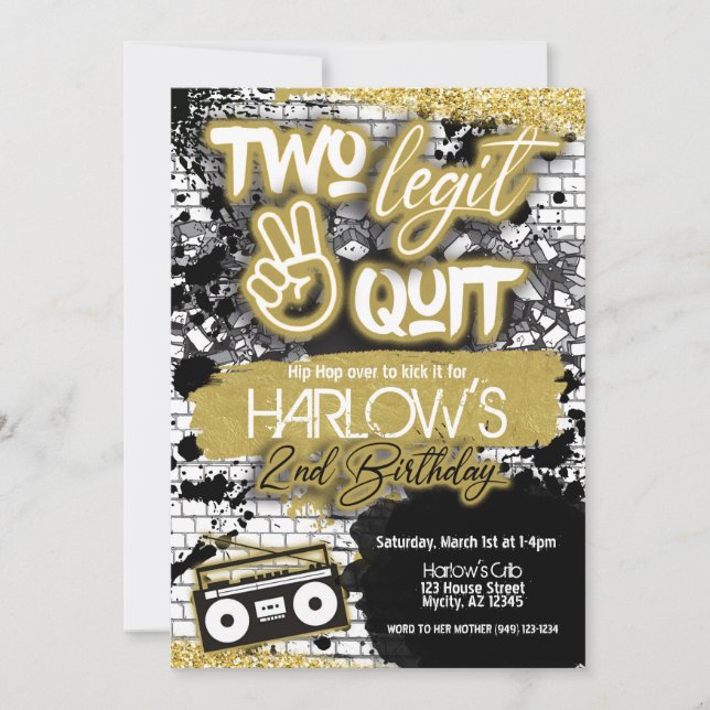 Gold Two Legit Two Quit Hip Hop Invitation (Front)