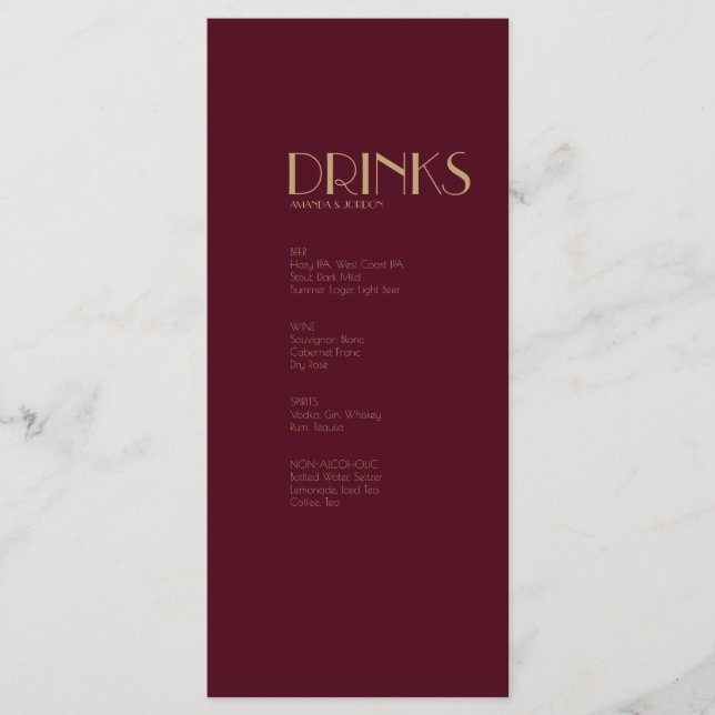 Gold Type Deco | Burgundy Wedding Drink Menu (Front)