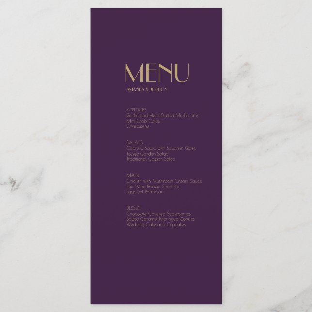 Gold Type Deco | Dark Purple Dinner Drink Menu (Front)