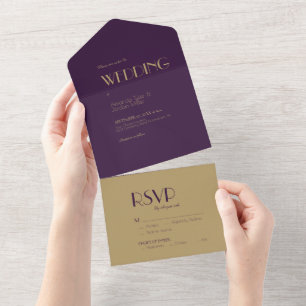 Gold Type Deco Dark Purple Wedding All In One Invitation