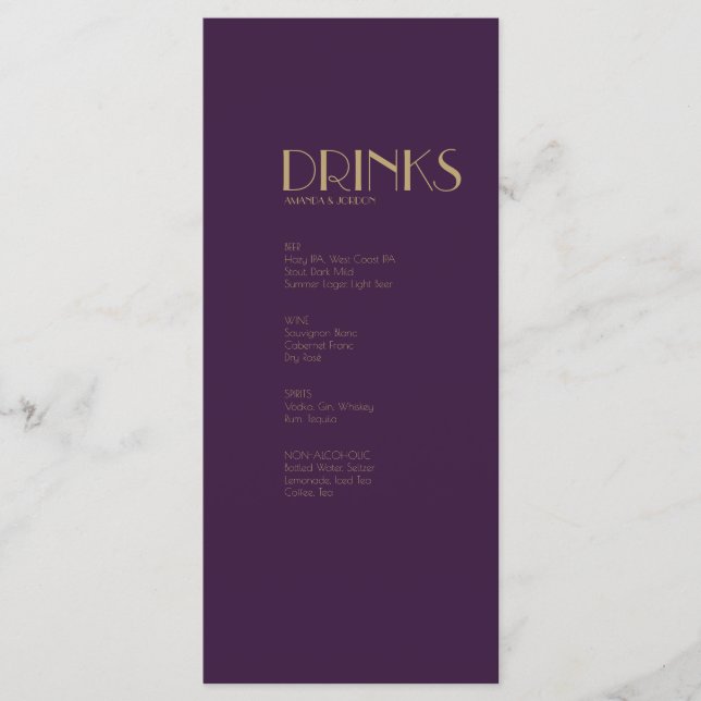 Gold Type Deco | Dark Purple Wedding Drink Menu (Front)