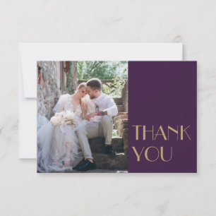 Gold Type Deco Dark Purple Wedding Flat Photo Thank You Card
