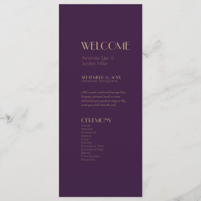 Gold Type Deco | Dark Purple Wedding Program Programme (Front)