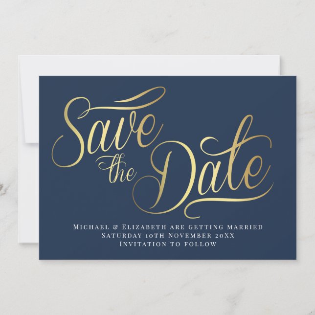 Gold Typo Modern Blue Save The Date Card (Front)