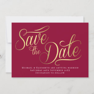 Gold Typo Modern Burgundy Save The Date Card