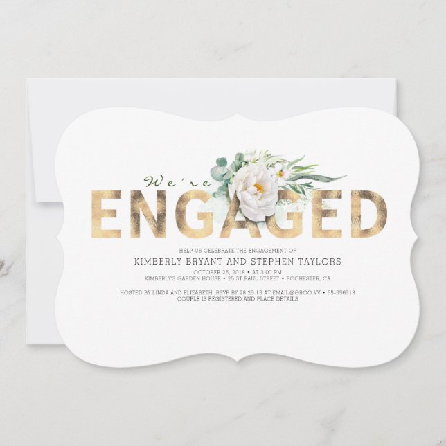 Gold Typography and White Flowers Engagement Party Invitation (Front)
