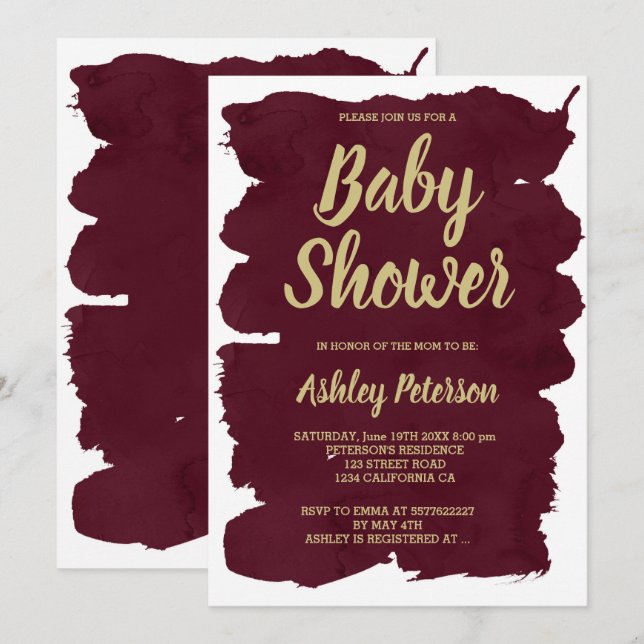 Gold typography burgundy watercolor Baby shower Invitation (Front/Back)