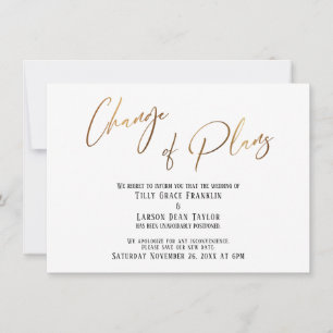 Gold Typography Change of Plans Postponed Wedding  Invitation