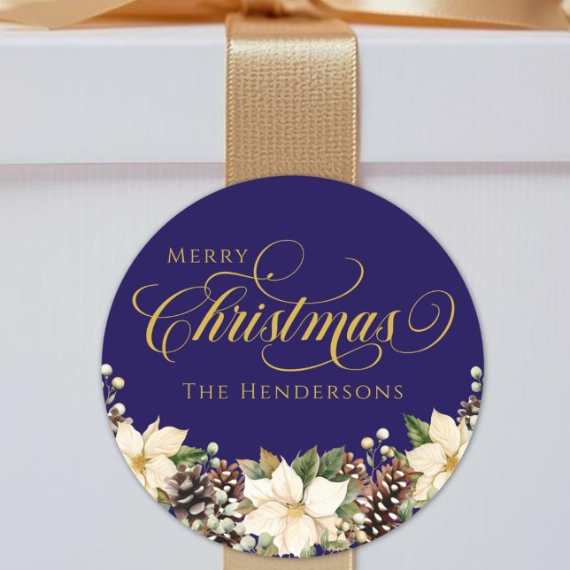 Gold Typography Christmas Poinsettia blue   Classic Round Sticker (Creator Uploaded)