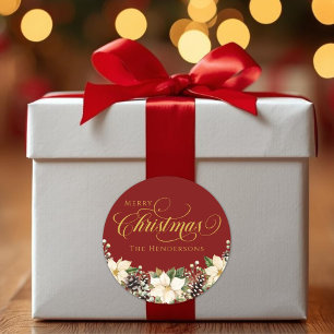 Gold Typography Christmas Poinsettia red   Classic Round Sticker