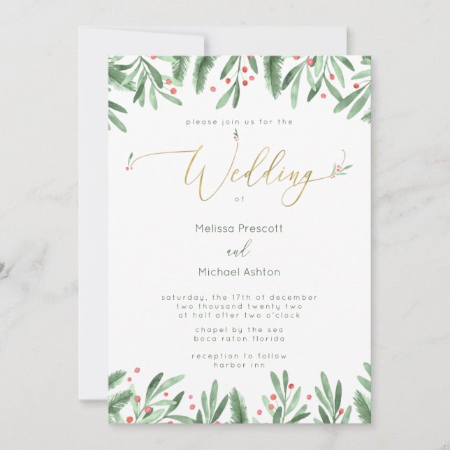Gold Typography Christmas Wedding Invitation (Front)