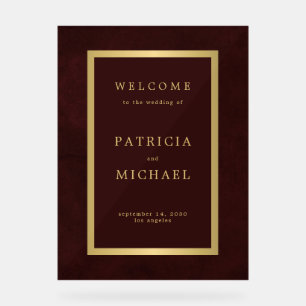 Gold typography deep burgundy acrylic welcome sign