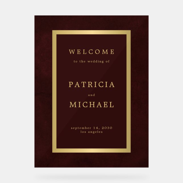 Gold typography deep burgundy acrylic welcome sign (Front)