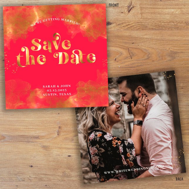 Gold Typography Elegant Red Pink Magenta Photo Save The Date (Creator Uploaded)