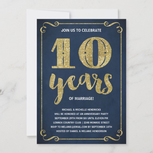 Gold Typography | Faux Foil 10th Anniversary Invitation (Front)