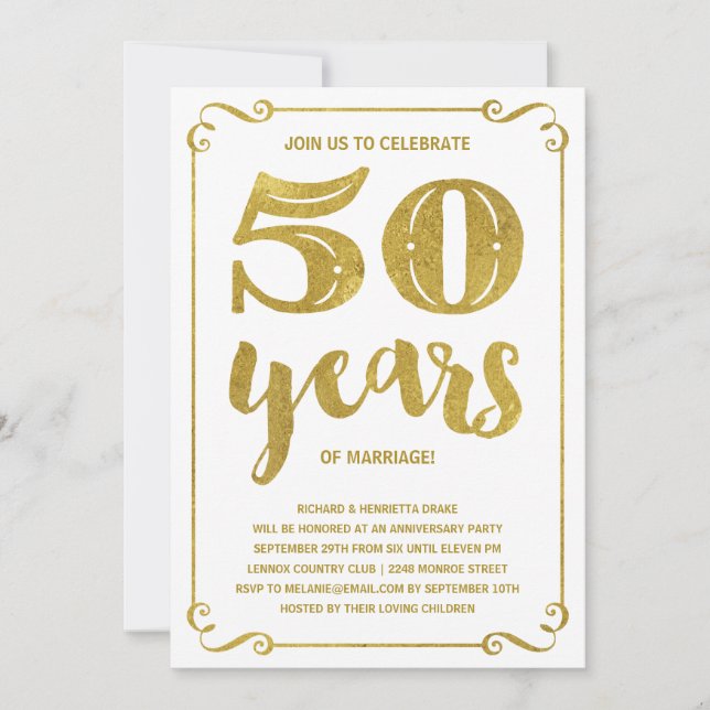 Gold Typography | Faux Foil 50th Anniversary Invitation (Front)