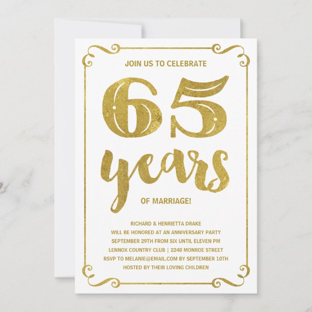 Gold Typography | Faux Foil 65th Anniversary Invitation (Front)