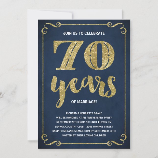 Gold Typography | Faux Foil 70th Anniversary Invitation (Front)