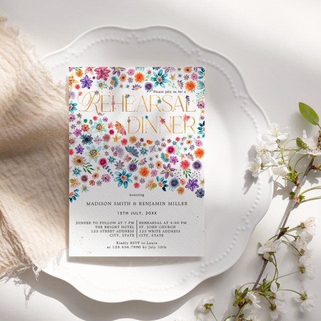 Gold Typography Floral Wedding Rehearsal Dinner Invitation (Front)