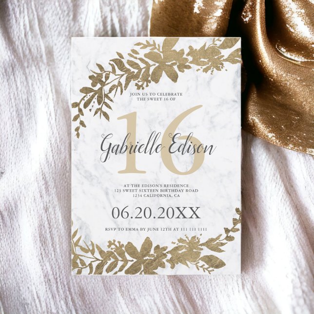 Gold typography Floral white marble Sweet 16 Invitation (Gold typography Floral white marble Sweet 16 Invitation)