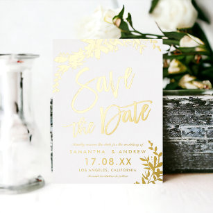 Gold typography floral white wedding save the date foil invitation postcard