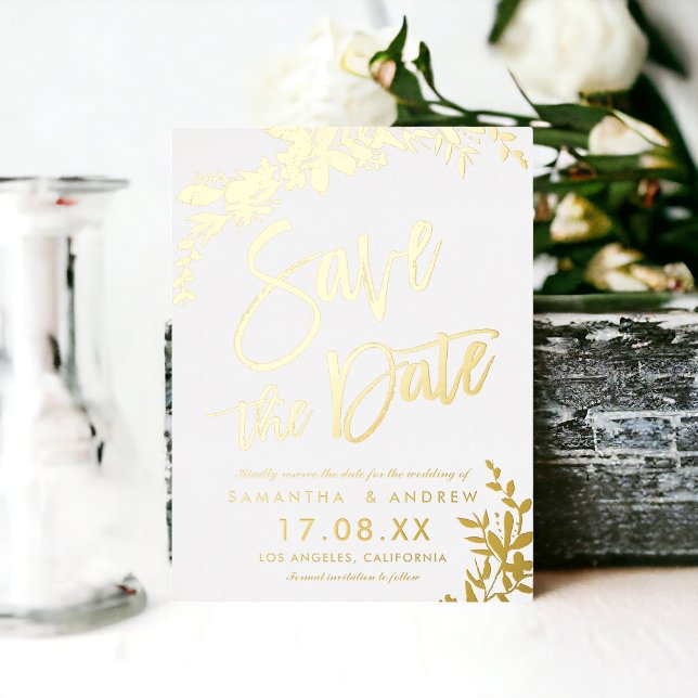 Gold typography floral white wedding save the date foil invitation postcard (Gold typography floral white wedding save the date foil invitation postcard)