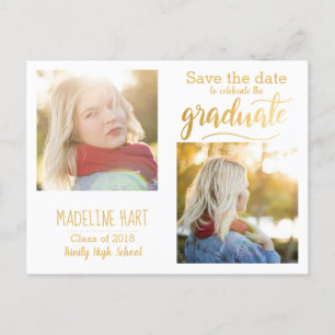 Gold Typography Graduate Save The Date Two Photo Postcard