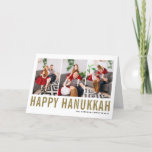 Gold Typography Happy Hanukkah Photo Collage Holiday Card<br><div class="desc">Happy Hanukkah! Customisable Happy Hanukkah photo collage card featuring gold simple typography and snow pattern. Personalise by adding three photos,  names,  year and other details. This modern Hanukkah card is available in other colours and cardstock.</div>