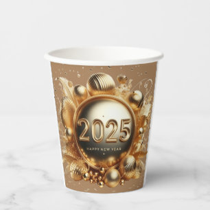 Gold typography happy new year 2025 paper cups