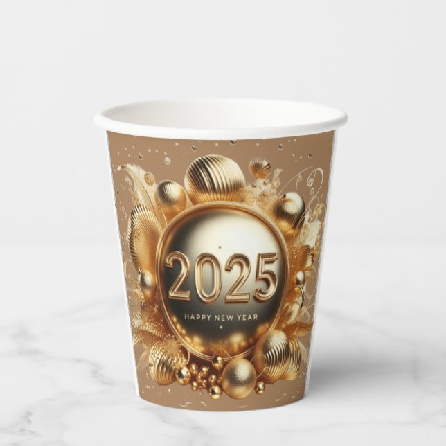 Gold typography happy new year 2025 paper cups (Front)