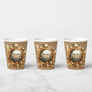 Gold typography happy new year 2025 paper cups