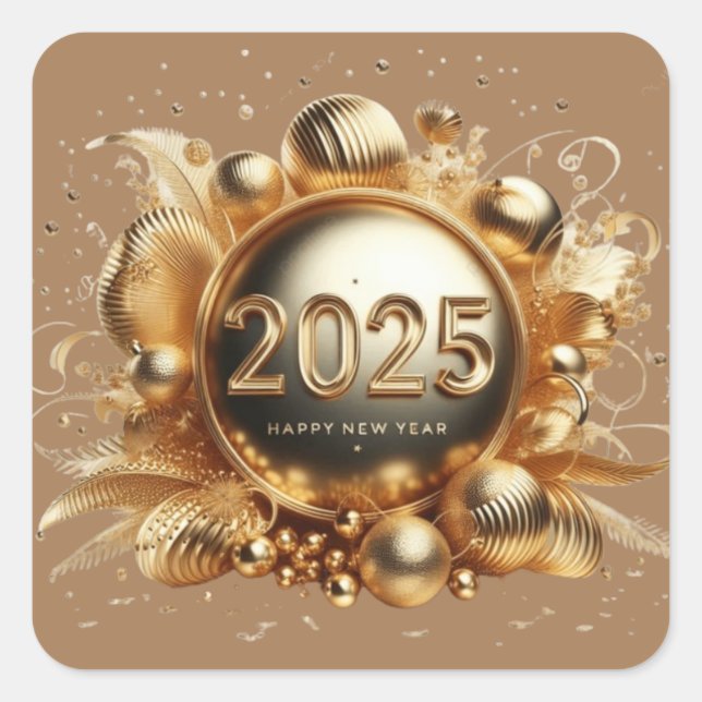 Gold typography happy new year 2025 square sticker (Front)