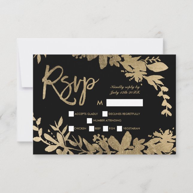 Gold typography leaf floral black rsvp wedding 2 (Front)