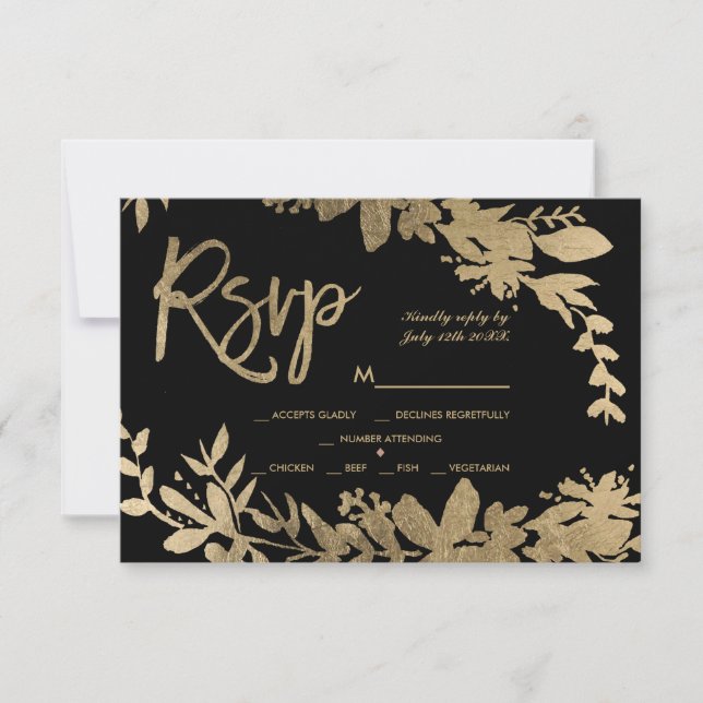 Gold typography leaf floral black rsvp wedding card (Front)