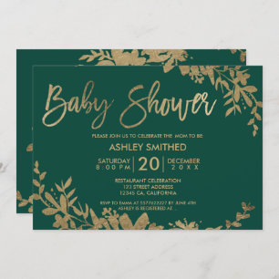 Gold typography leaf floral green baby shower invitation
