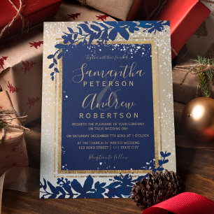 gold typography leaf snow blue winter wedding invitation