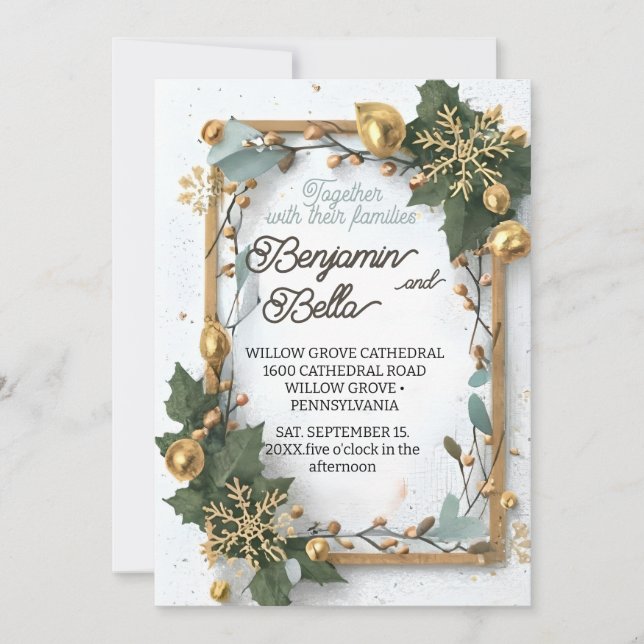 gold typography leaf snow elegant winter wedding invitation (Front)