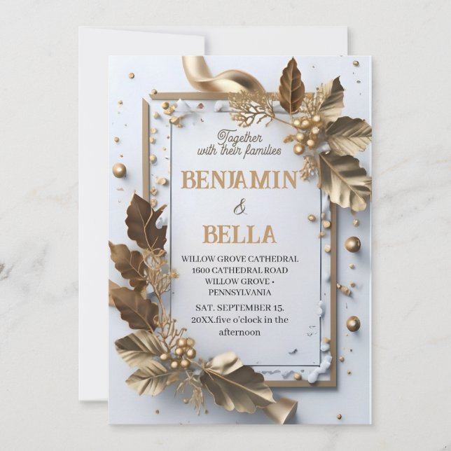 gold typography leaf snow elegant winter wedding invitation (Front)