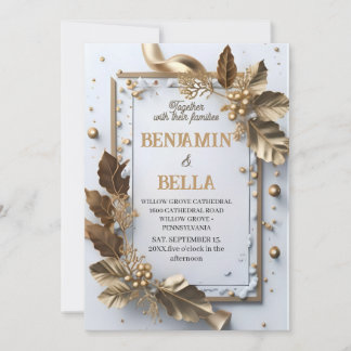 gold typography leaf snow elegant winter wedding invitation