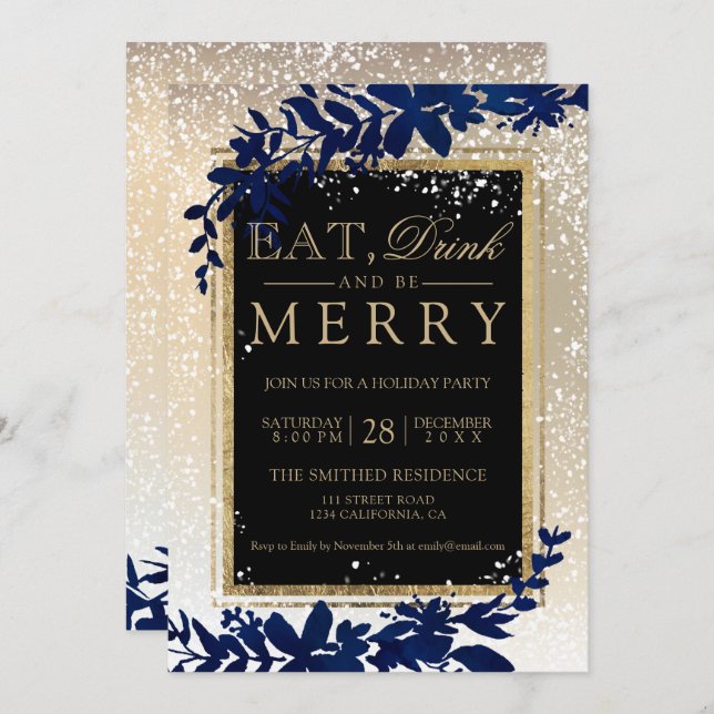 gold typography leaf snow navy eat Christmas Invitation (Front/Back)