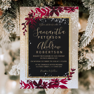 gold typography leaf snow red winter wedding invitation