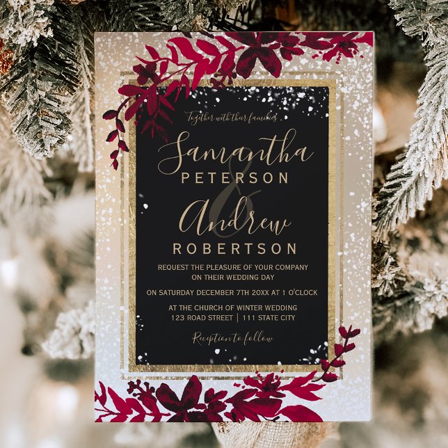 gold typography leaf snow red winter wedding invitation (gold typography leaf snow red winter wedding invitation)