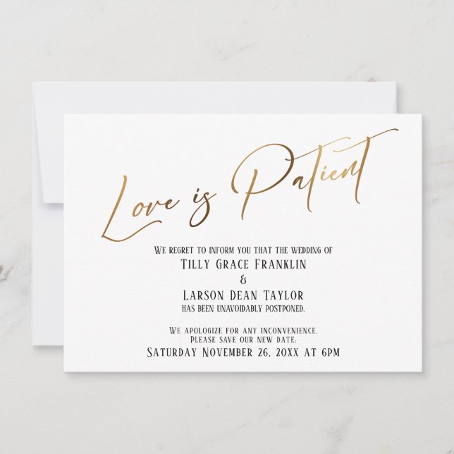 Gold Typography Love is Patient Wedding Delay Card (Front)