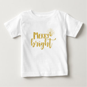 Gold Typography Merry and Bright Christmas Baby T-Shirt