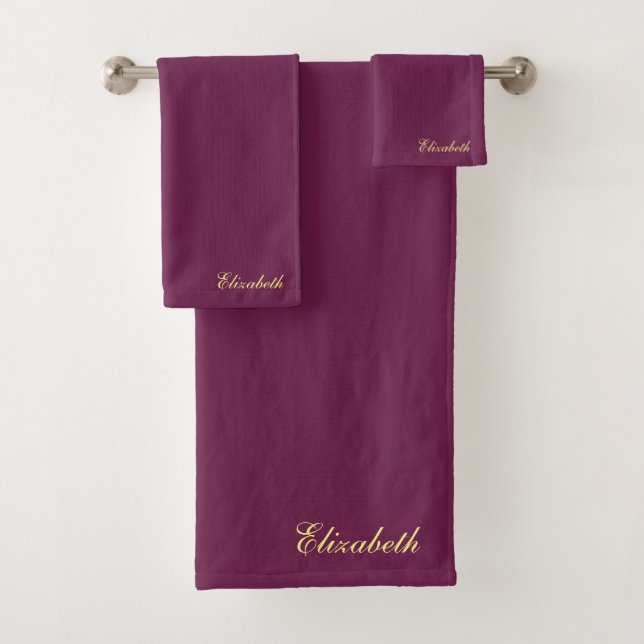 Gold Typography Name Custom Bordeaux Solid Colour Bath Towel Set (Insitu)