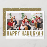Gold Typography Photo Collage Happy Hanukkah Holiday Card<br><div class="desc">Happy Hanukkah! Customisable Happy Hanukkah photo collage flat card featuring gold simple typography and snow pattern. Personalise by adding three photos,  names,  year and other details. This modern Hanukkah flat card is available in other colours and cardstock.</div>