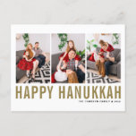 Gold Typography Photo Collage Happy Hanukkah Holiday Postcard<br><div class="desc">Happy Hanukkah! Customisable Happy Hanukkah photo collage postcard featuring gold simple typography and snow pattern. Personalise by adding three photos,  names,  year and other details. This modern Hanukkah postcard is available in other colours and cardstock.</div>