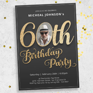 Gold Typography Photo Modern 60th Birthday Invitation